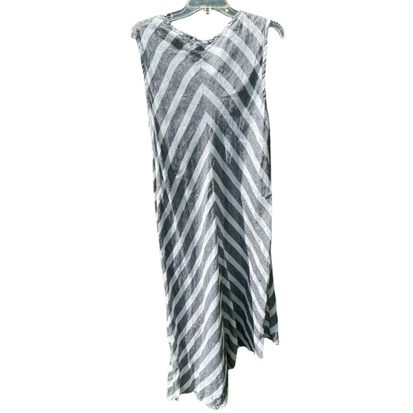 Flax Linen Dress Grey/White Striped Medium Asymmetrical - Picture 2 of 3